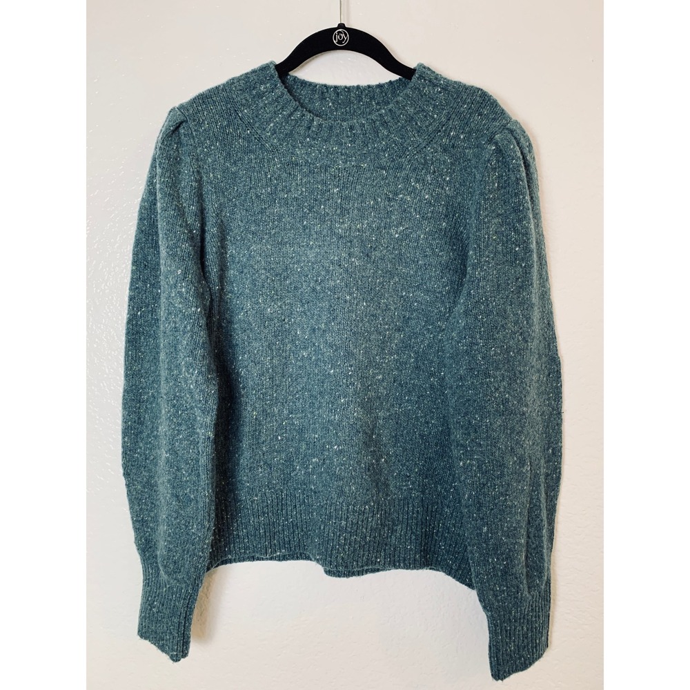 Faherty Mikki Donegal Sweater Womens L Teal Blue Green Wool Alpaca Puff Sleeve